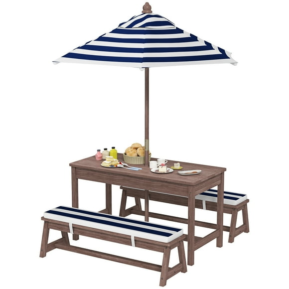 Qaba Kids Picnic Table, Wooden Table & Bench Set w/ Umbrella Cushions, Blue