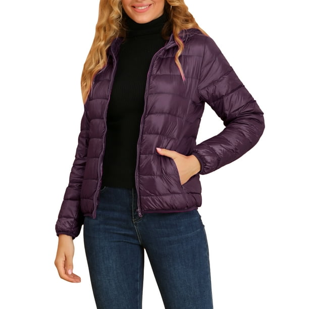 Chaqueta acolchada para mujer Inspire Chic con cuello alto, ligera, con capucha y cierre, talla XL, color púrpura