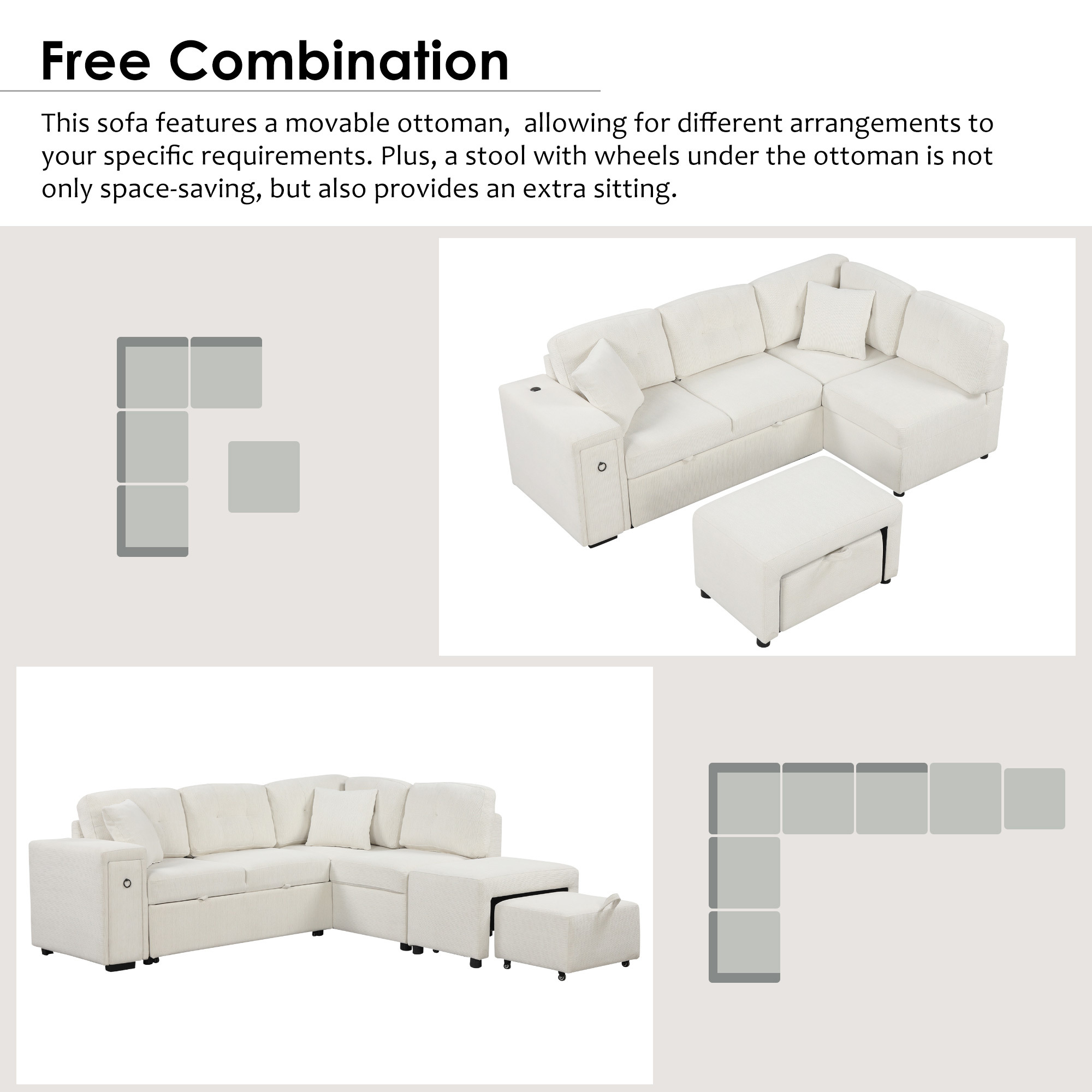 EUROCO Chenille Convertible L Shaped Sectional Couch,Modular Sectional Sleeper Sofa with Pull Out Couch Bed,1 Movable Ottoman,2 USB Ports and 2 Cup Holders for Living Room Apartment,86.6"×74"