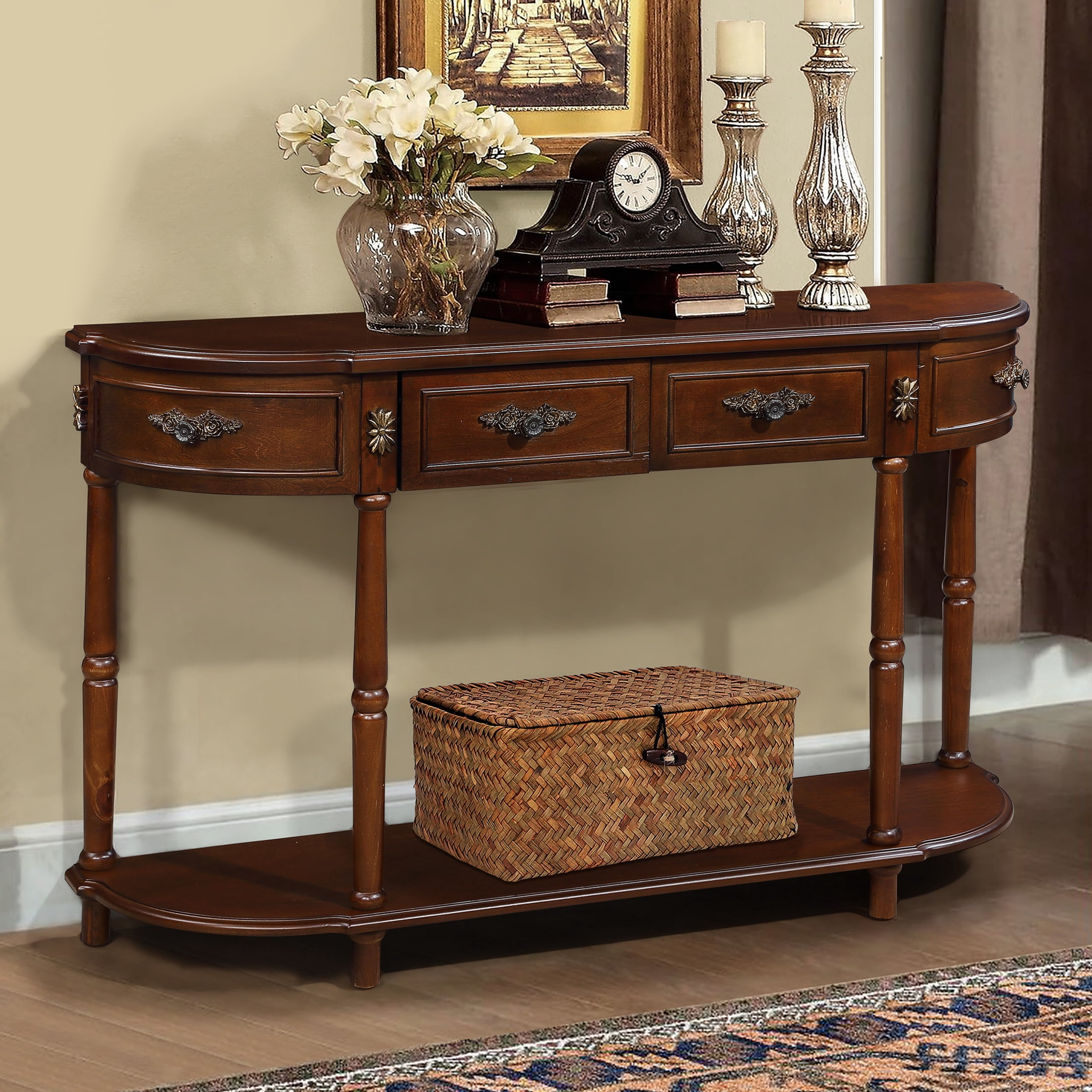 Noble House Luna 52" Mid-Century Fluted Console Table, MDF Top with Pine Wood Frame and 3 Storage Drawers, Cherry