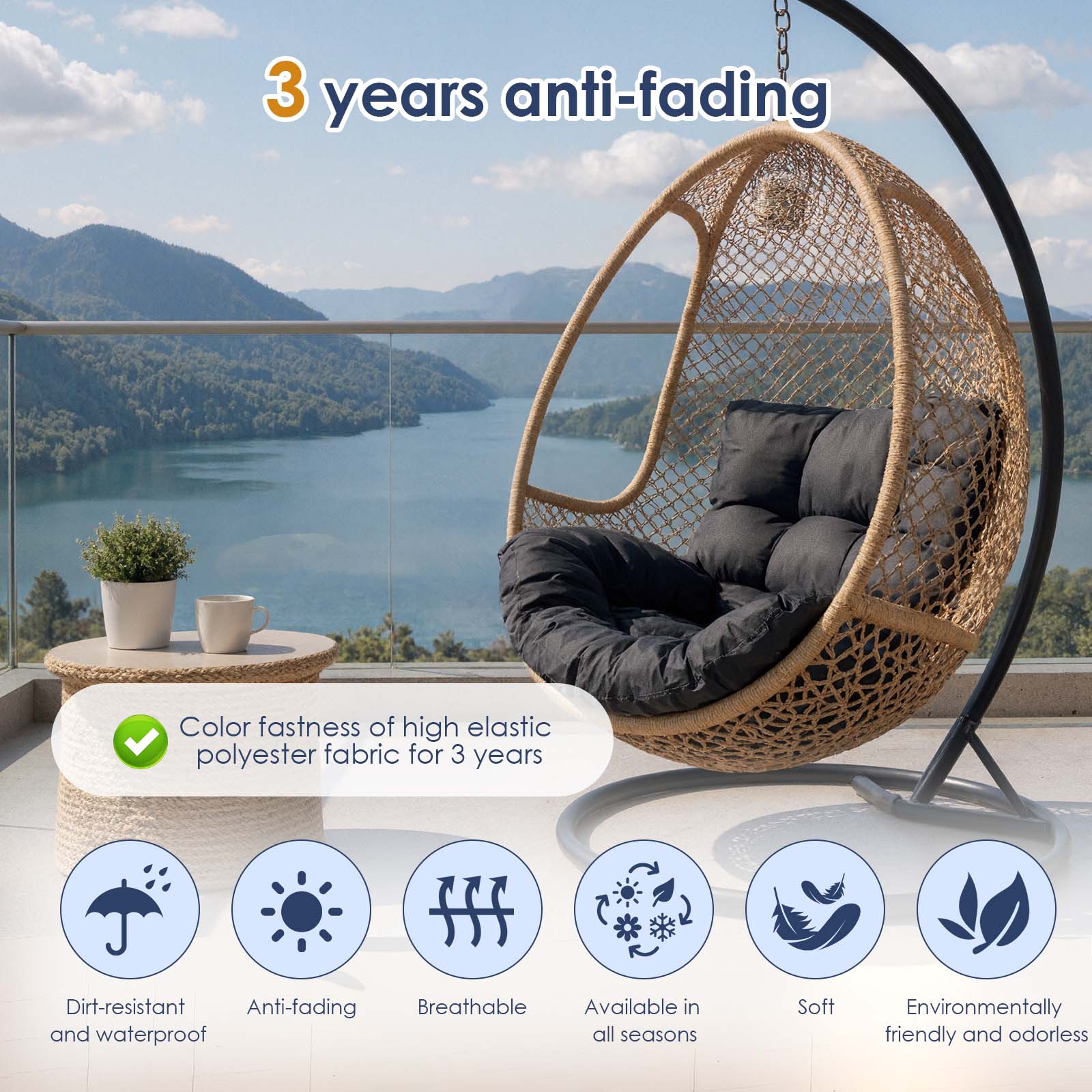 Eurhowing 4" Thick Egg Chair Cushion Replacement, Waterproof & Non-Slip Outdoor Patio Swing Chair Cushions, High-Density Soft Hanging Basket Seat Cushion, Black