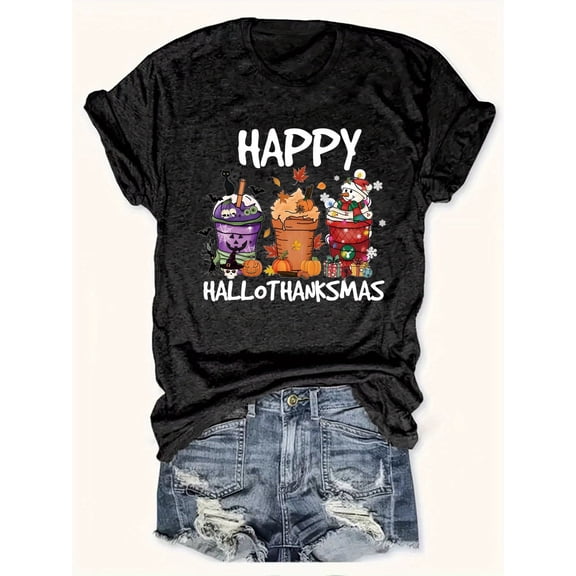 Fashion Plus Size Women's Casual T-Shirt with Halloween, Thanksgiving, and Christmas Prints Tees Tops Holiday gift For Family And Friends