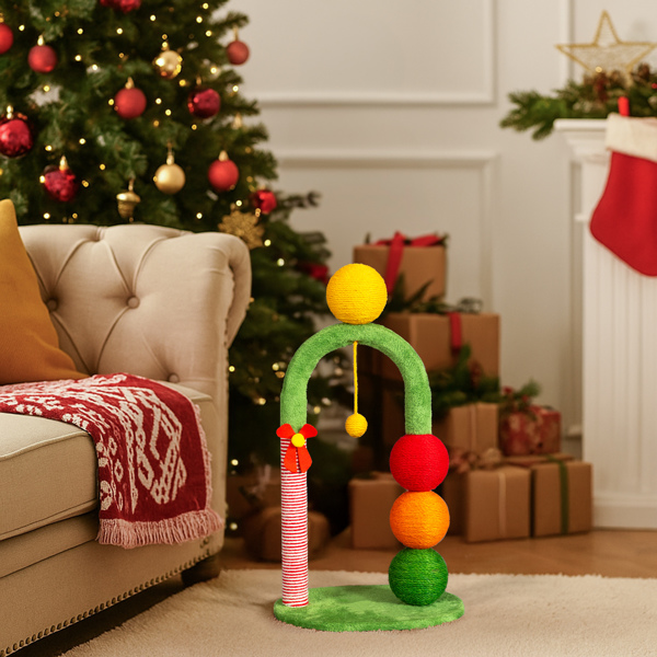29in Christmas Cat Tree Tower, Holiday Arch Design with Candy Cane Post & Sisal Ballsfor Cat Scratching & Lounging