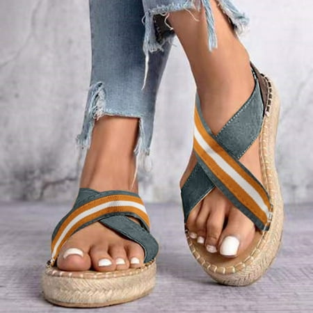 

uikmnh Women Shoes Sandals Platform Stripe Color Canvas Footwear Fashion Blocking Women s Straw Knitted Women s sandals Blue 7