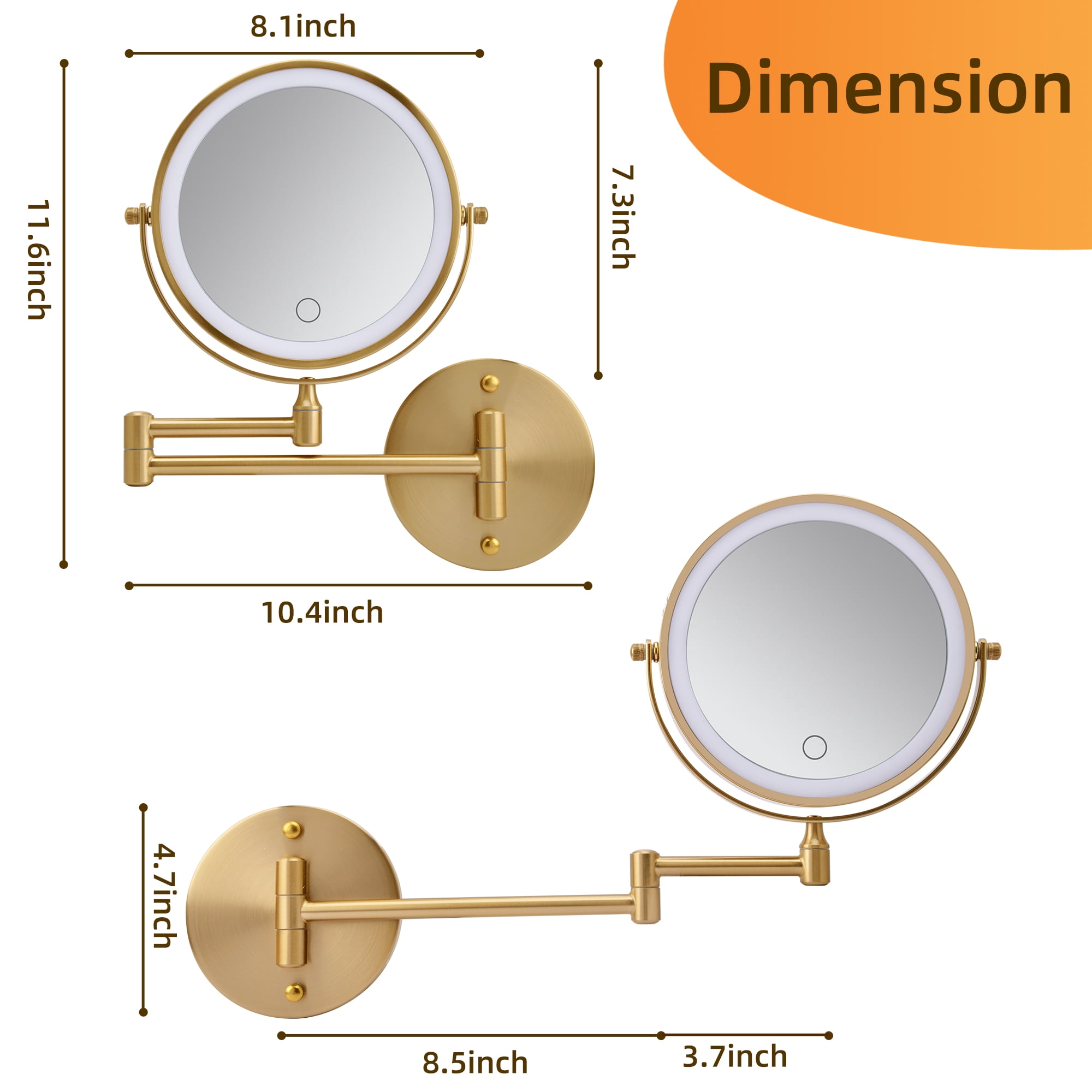 8-Inch Rechargeable Wall Mounted Makeup Mirror with LED Lights, 1X/10X Double-Sided Magnifying Mirror for Bathroom, Gold