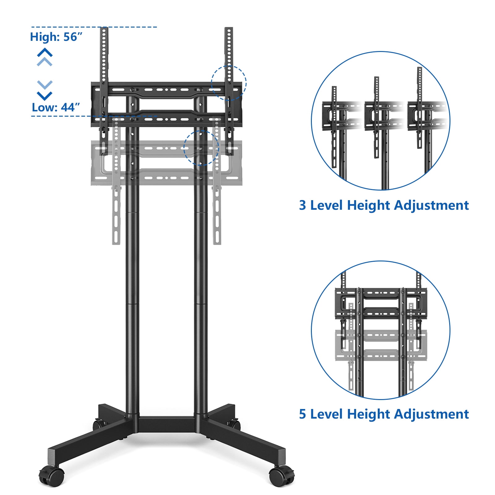 RTVR Rolling TV Cart Stand for 32 to 70 inch Flat Curved Screens, Portable Mobile TV Stand on Wheels, Metal Black