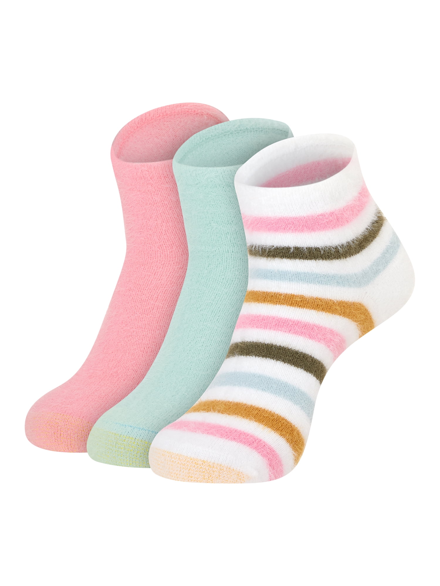 GoldToe Edition Women's Fuzzy Stripe Short Crew Socks Assorted, 3 Pairs, Size 6-9