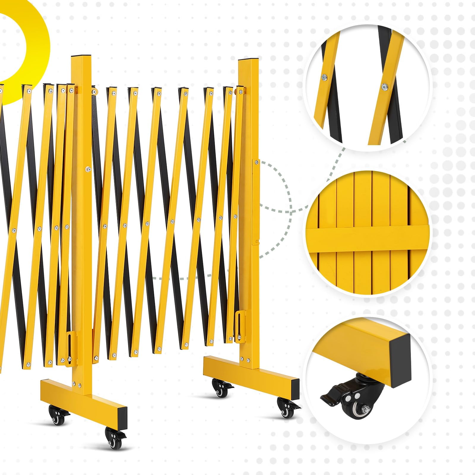 Memoryfield 11 ft Expandable Metal Barricade Gate, Folding Portable Safety Barrier with 4 Wheels, Security Fence for Doorways, Driveways & Crowd Control, Yellow
