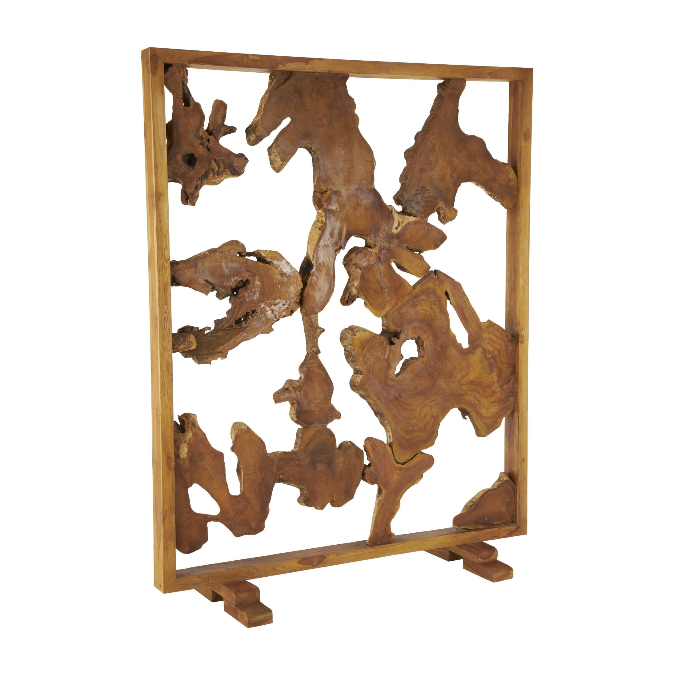 DecMode 63" x 82" Brown Teak Wood Handmade Tall Live Edge Freestanding Room Divider Screen with Large Tree Trunk Pieces, 1-Piece