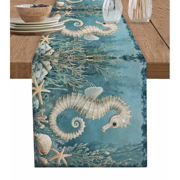 Coastal Seahorse Blue Green Table Runner 60 Inches, Summer Ocean Starfish Coral Bed Runner Dresser Scarves Tabletop for Indoor Outdoor Parties/Ceremony/Banquet, 13" x 60"
