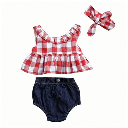 Wholesale Girls Fashion - 3pcs Cute Kids Baby Girls Clothes Plaid Vest Sleeveless T-shirts Tops+Denim Briefs+Headwear Fashion Summer Outfits