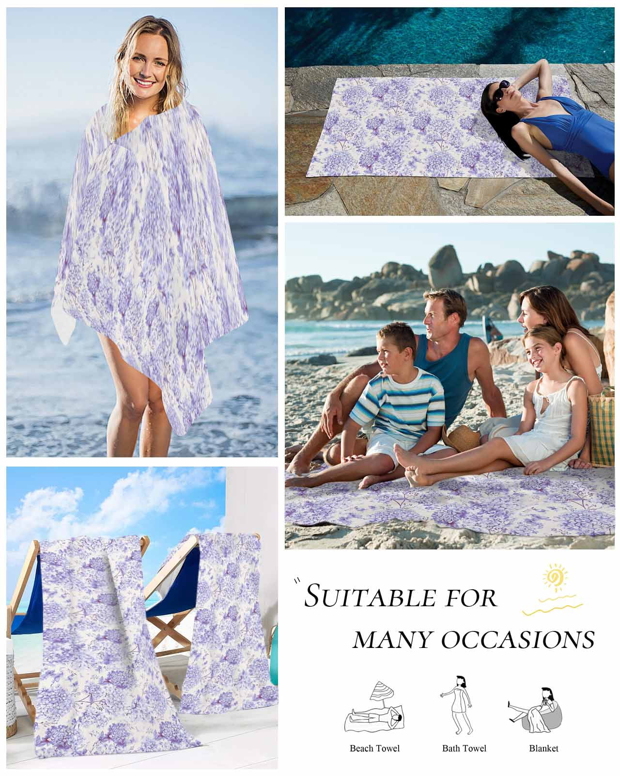 Purple Floral Beach Towels Oversized Super Absorbent, Hydrangeas Flower Spring Summer Botanical Lightweight Bath Towel Quick Dry Sets For Bathroom/Pool/Rv Camping/Beach Play/Gym Room/Picnic 23"x47"