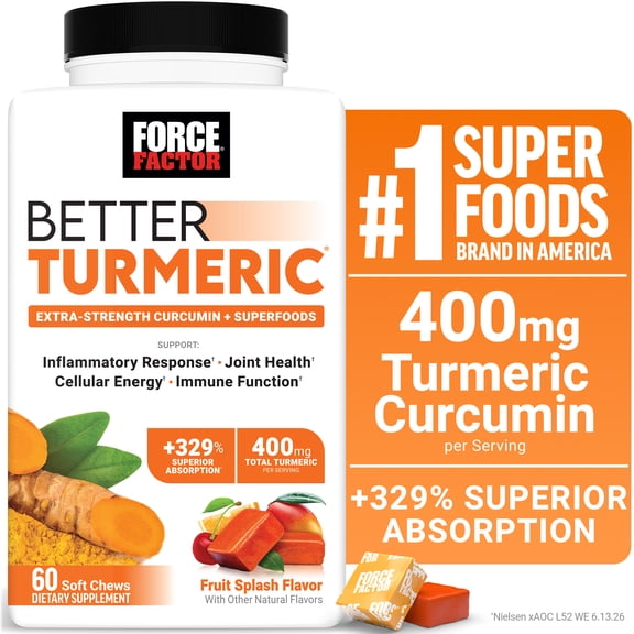 Force Factor Better Turmeric, Turmeric Curcumin Supplement with Ginger for Joint Health & Inflammation Support, Fruit Splash, 60 Soft Chews