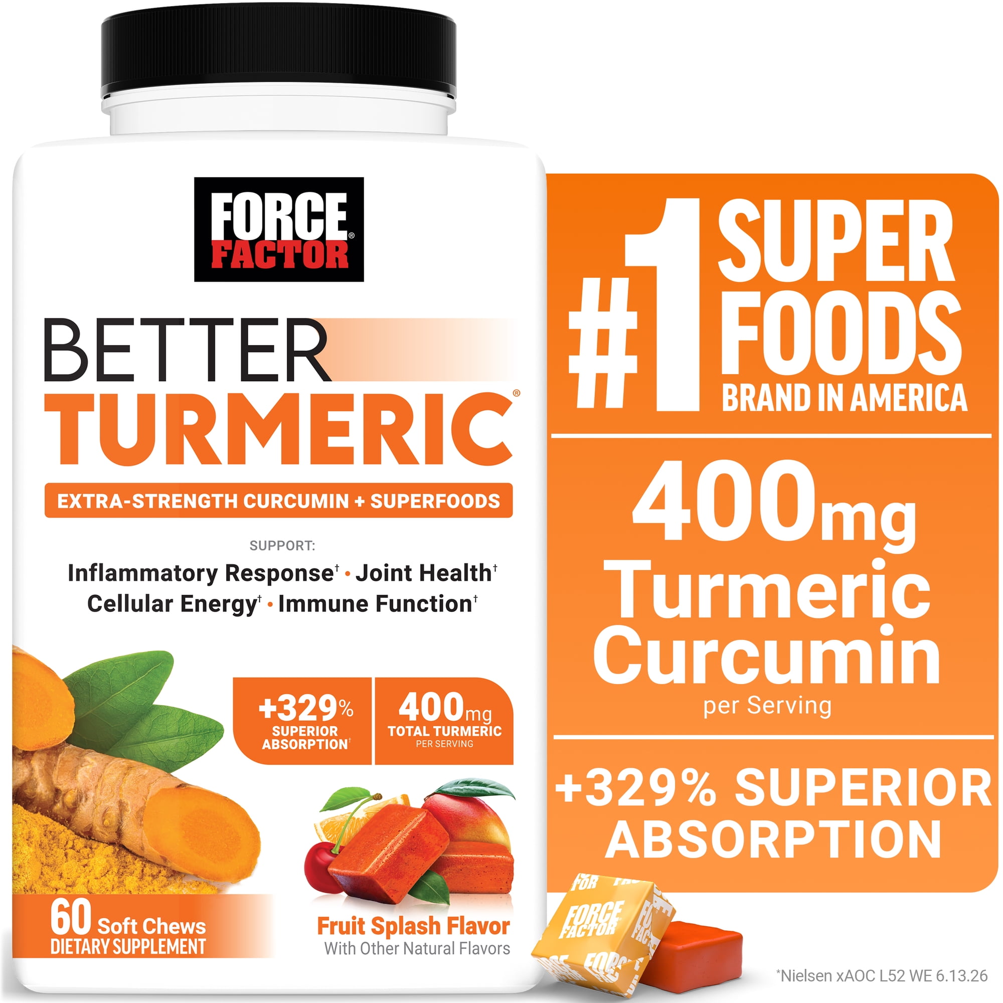 Force Factor Better Turmeric, Turmeric Curcumin Supplement with Ginger for Joint Health & Inflammation Support, Fruit Splash, 60 Soft Chews