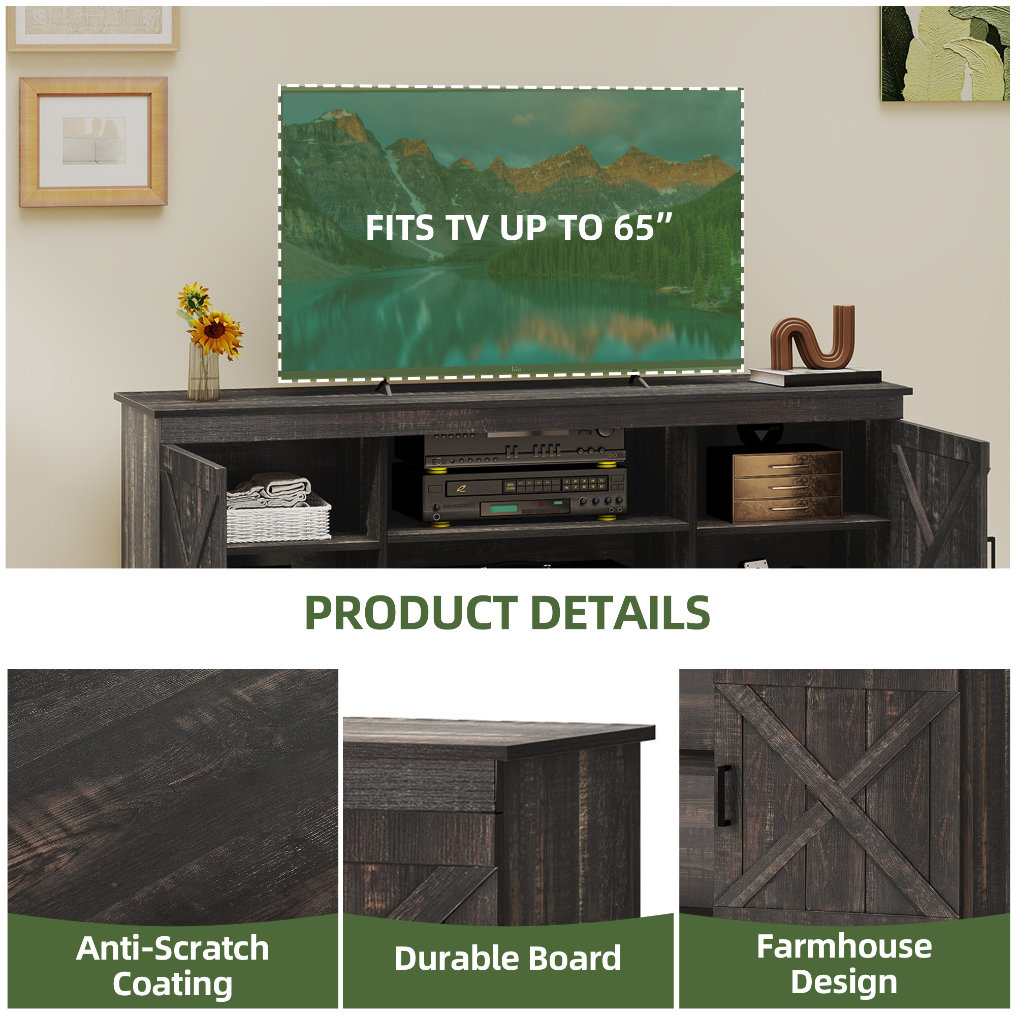 Uforic Farmhouse TV Stand for up 65" TVs, Entertainment Center Console Table for Living Room, Dark Oak