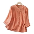 thumbnail image 2 of Xdegoge Cotton Linen Shirts for Women Mandarin Collar Button Up 3/4 Sleeve Blouses Embroidered Loose Fit Tops Lightweight Breathable Casual Summer Work Office Textured Shirt, 2 of 9