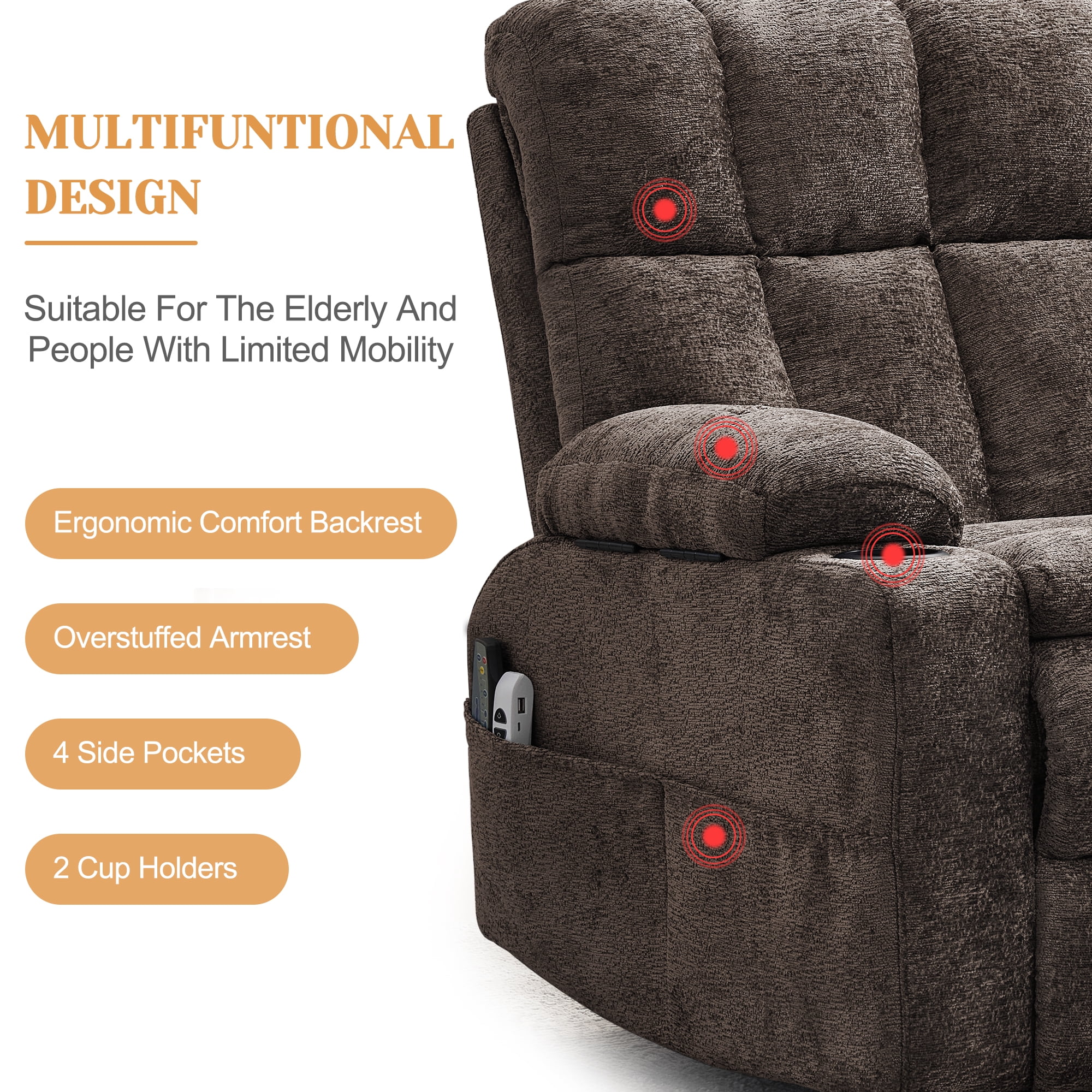 Korser Oversized Dual Motor Power Lift Recliner for Elderly with Adjustable Headrest,Massage Recliner Chair with USB Ports & Type C Electric Lift Chair with Storebox Cupholder for Living Room,Brown