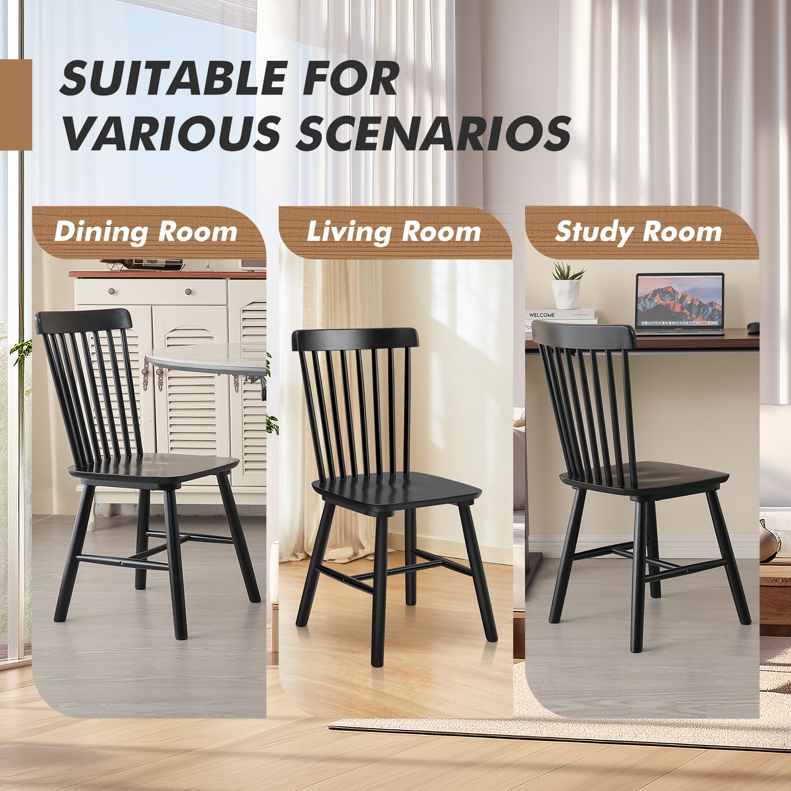 ClinQ Wooden Windsor Dining Chair Set of 4, Spindle Back, Armless, Farmhouse Kitchen and Dining Room Seating, Black