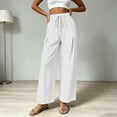 thumbnail image 6 of Linen Wide Leg Pants for Women Elastic Waist Solid Color Palazzo Pants Casual Summer Drawstring Long Pants with Pockets Flowy Beach Vacation Clothes, 6 of 8