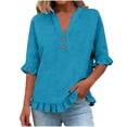 thumbnail image 4 of RMGVDSD Womens Summer Tops 3/4 Sleeve V Neck Button Down Shirts Ruffled Hem Solid Color Casual Basic Shirt Everyday Comfort Tees Casual Loose Blouses, 4 of 7
