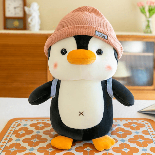 Mochila pequeño pingüino muñeca juguetes de peluche usando sombrero pingüino comodidad compañero de sueño almohada regalo de cumpleaños