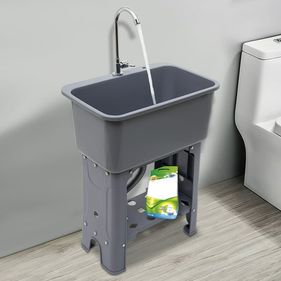 Gray Utility Sink,  Utility Sink With 360°  Adjustable Faucet, Freestanding Utility Sink with Storage Shelf