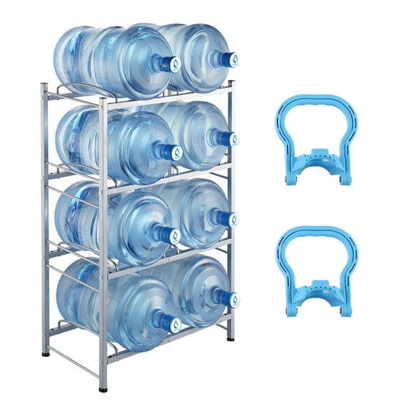 VEVOR 4 Tiers Water Jug Holder, 5 Gallon Water Bottle Holder, Double Row Water Bottle Rack for 8 Bottles, Heavy Duty Water Jug Rack for Kitchen, Office, Living Room, Silver