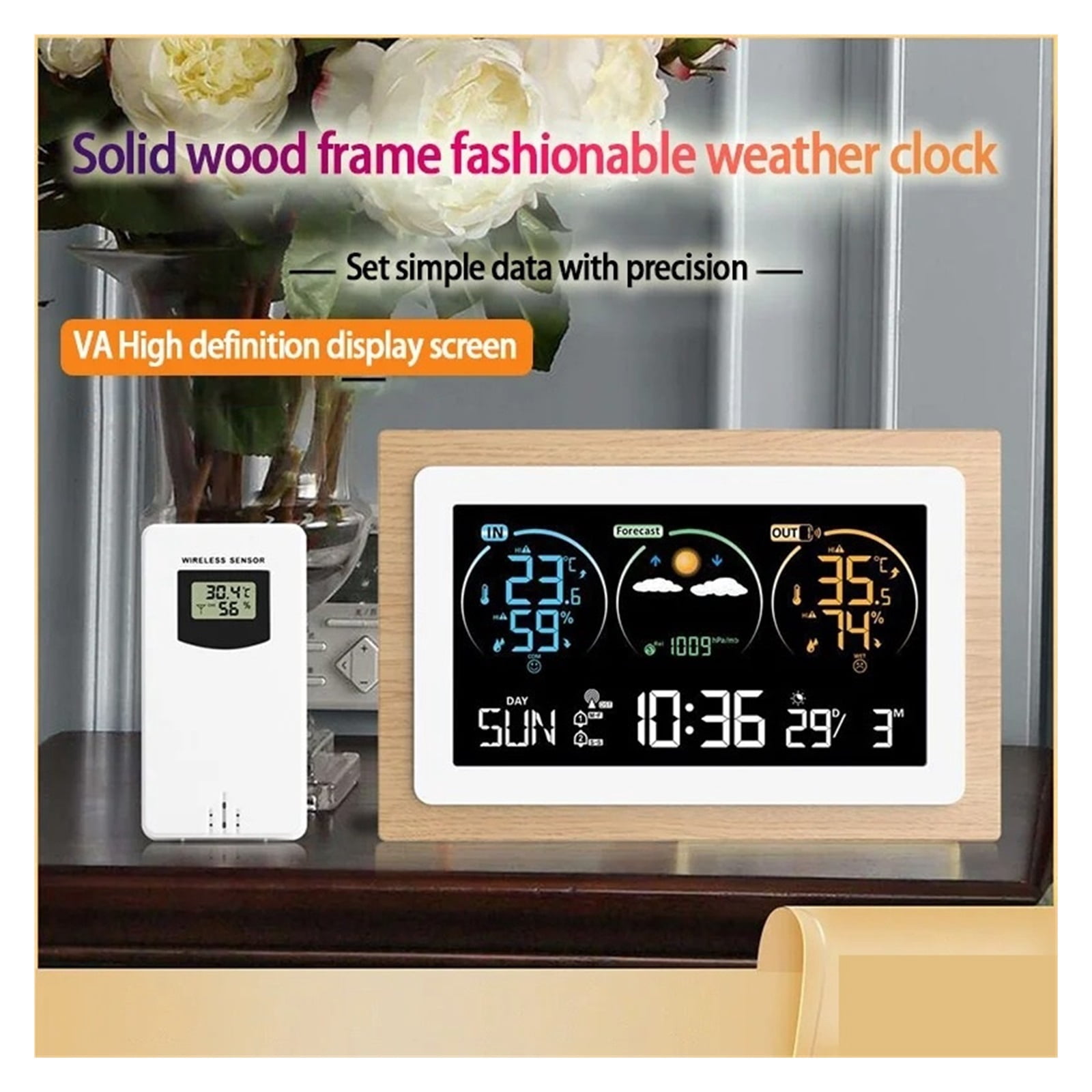 Weather Station with Dual-Alarms Clock Temperature & Humidity Meter Multifunctional VA Large Color