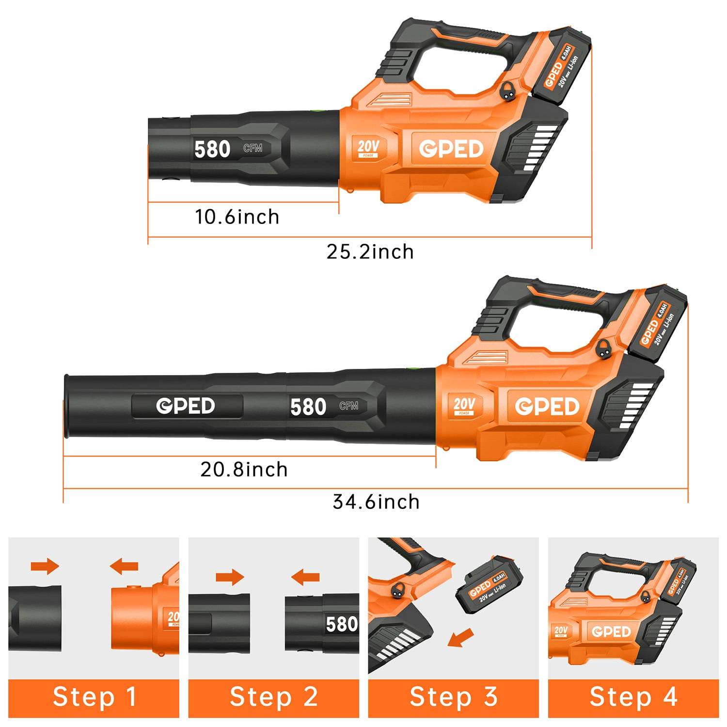Leaf Blower, 3 Speed Adjustment Electric Cordless Leaf Blower with 2 x 4.0Ah Batteries, Charger, Shoulder Strap, 580CFM/160MPH, Ideal for Patio Cleaning, Lawn Care, Blowing Leaves, Orange