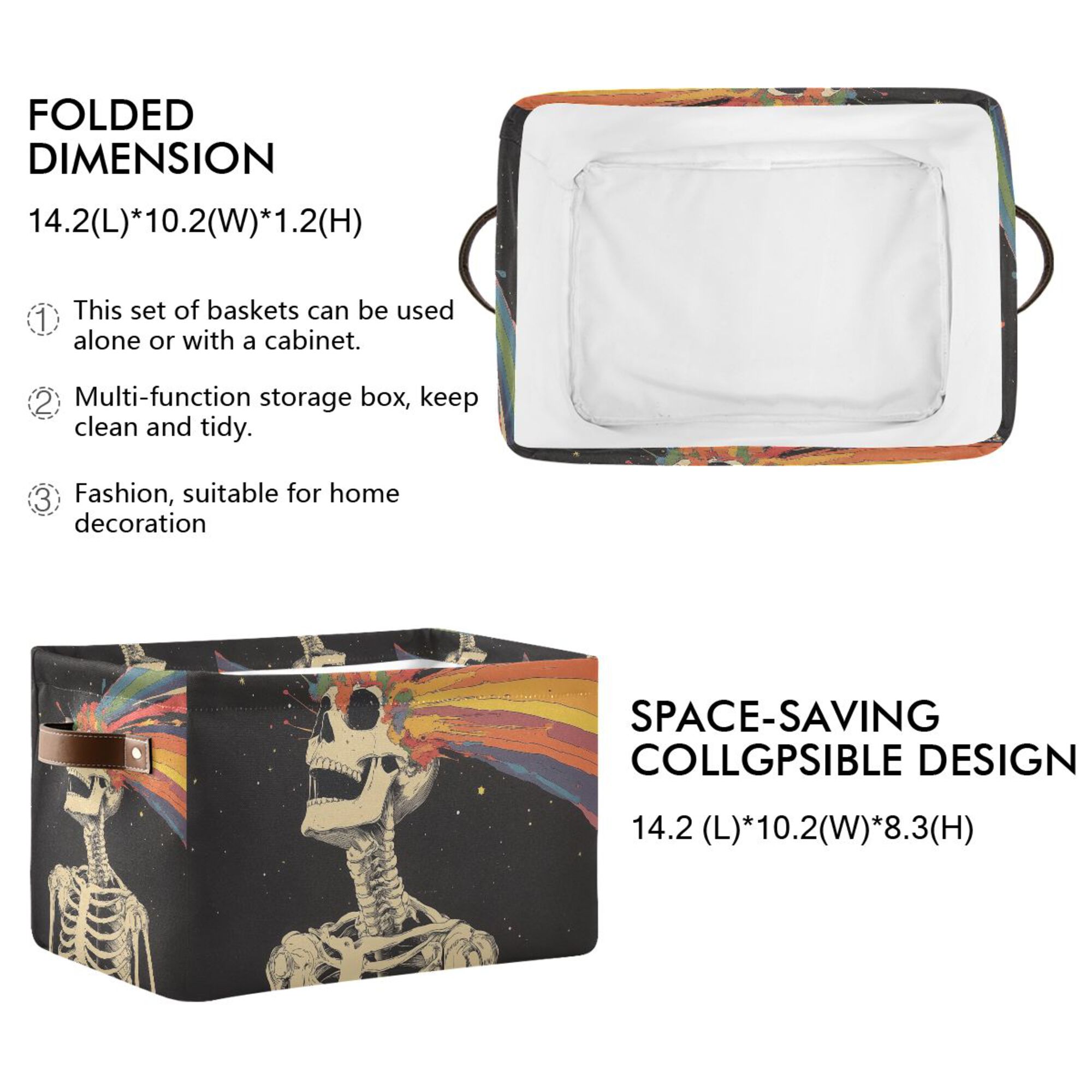 Yayeee 2 Pack Canvas Storage Basket with Handles for Shelves Fabric Bins Closet Organizer, Black Skeleton