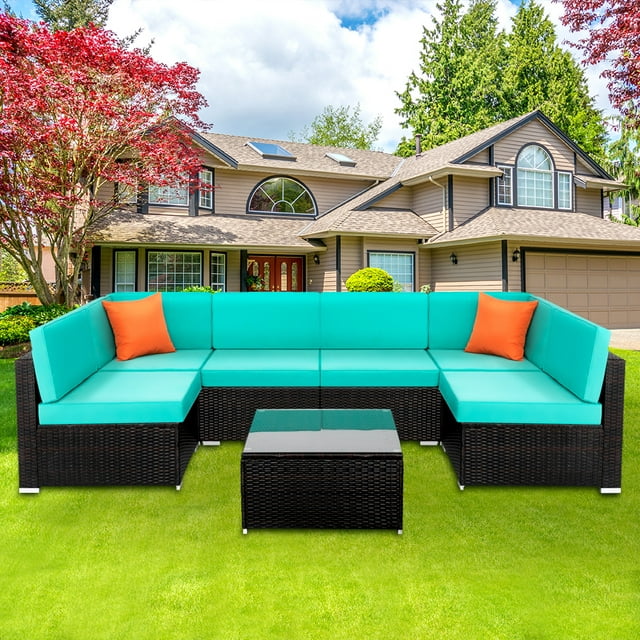 uhomepro 7-Piece Outdoor Furniture, Patio PE Rattan Wicker Sectional Sofa Set with Two Pillows, Coffee Table, All Weather Outdoor Couch, Durable Chat Set for Porch Poolside Balcony, Blue, Q9867