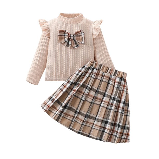 Odeerbi 3-10 Años Conjunto de Falda de Lana Para Niñas Tops de Manga Larga Con Cuello Mao Y Falda Plisada de Cuadros Conjunto de Dos Piezas Con Falda Estampada de Rejilla