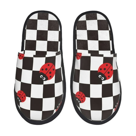 Balery Ladybugs Of Black And White Checkers Slient Indoor Furry Fleece Comfort House Shoes Soft Non-Slip Home Shoes Cotton slippers House Slippers-- Large