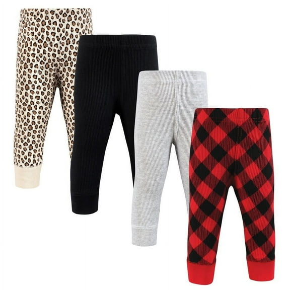 Hudson Baby Infant Girl Thermal Tapered Ankle Pants 4pk, Buffalo Plaid Leopard, Newborn