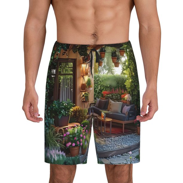 Balery Charming Garden Patio Pantalones cortos de pijama de punto de algodón para hombre con cinturilla y bolsillos-Medium
