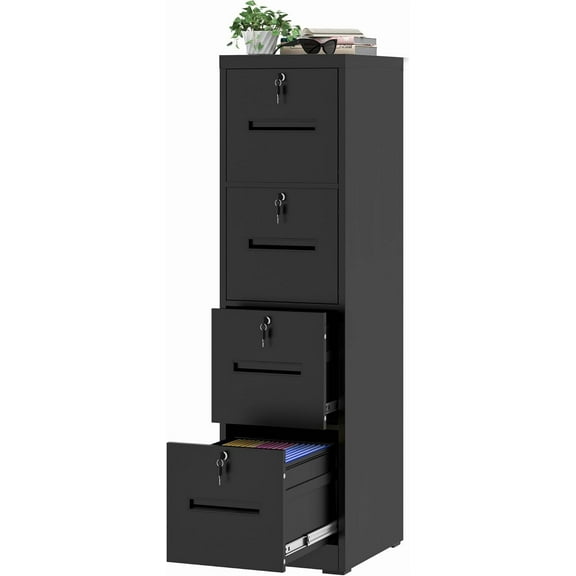 File Cabinet 4 Drawer with Lock, Vertical Filing Cabinets for Home Office, Metal Steel Storage Cabinet for Letter/Legal Size File, Assembly Required(Black)