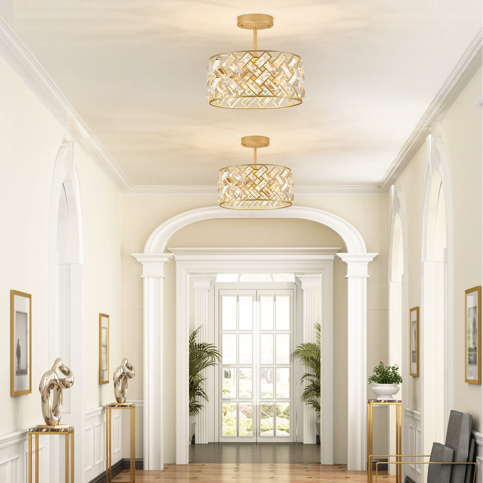 Modern Gold Crystal Chandeliers, Small Semi Flush Mount Chandelier 4-Ligh 12'' Drum Crystal Pendant Light Fixture for Foyer Entryway Kitchen Hallway Dining Room