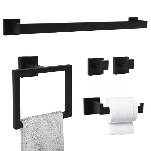 Juego de Accesorios para Baño 5 Piezas, Toallero Baño, Portarrollos de Papel Higienico, Toallero Barra, 2 Gancho para Cocina, Acero Inoxidable(Negro)