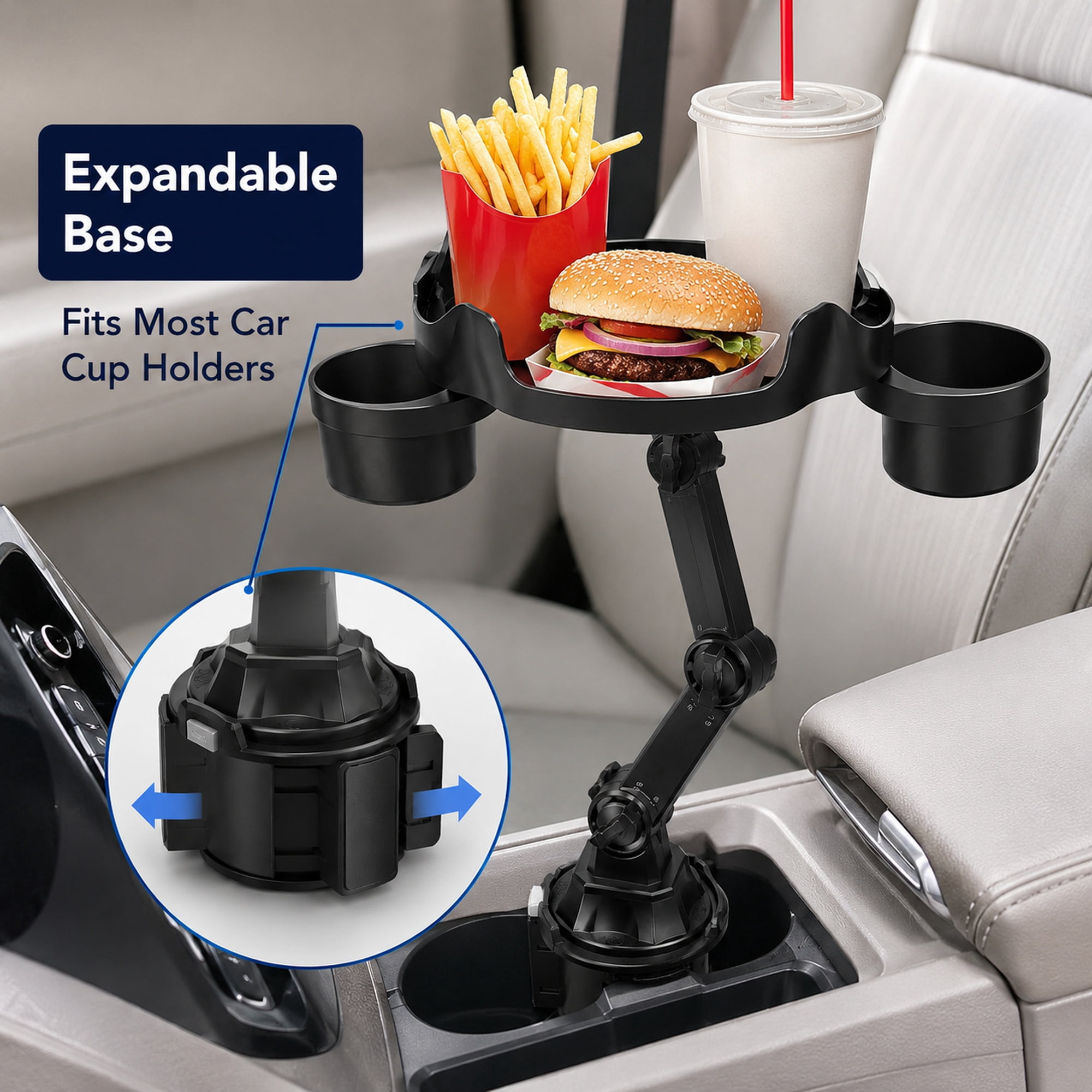 Black Adjustable Car Cup Holder Tray – Food and Drink Organizer with Dual Cup Holders, Snack Surface, and Swivel Arm