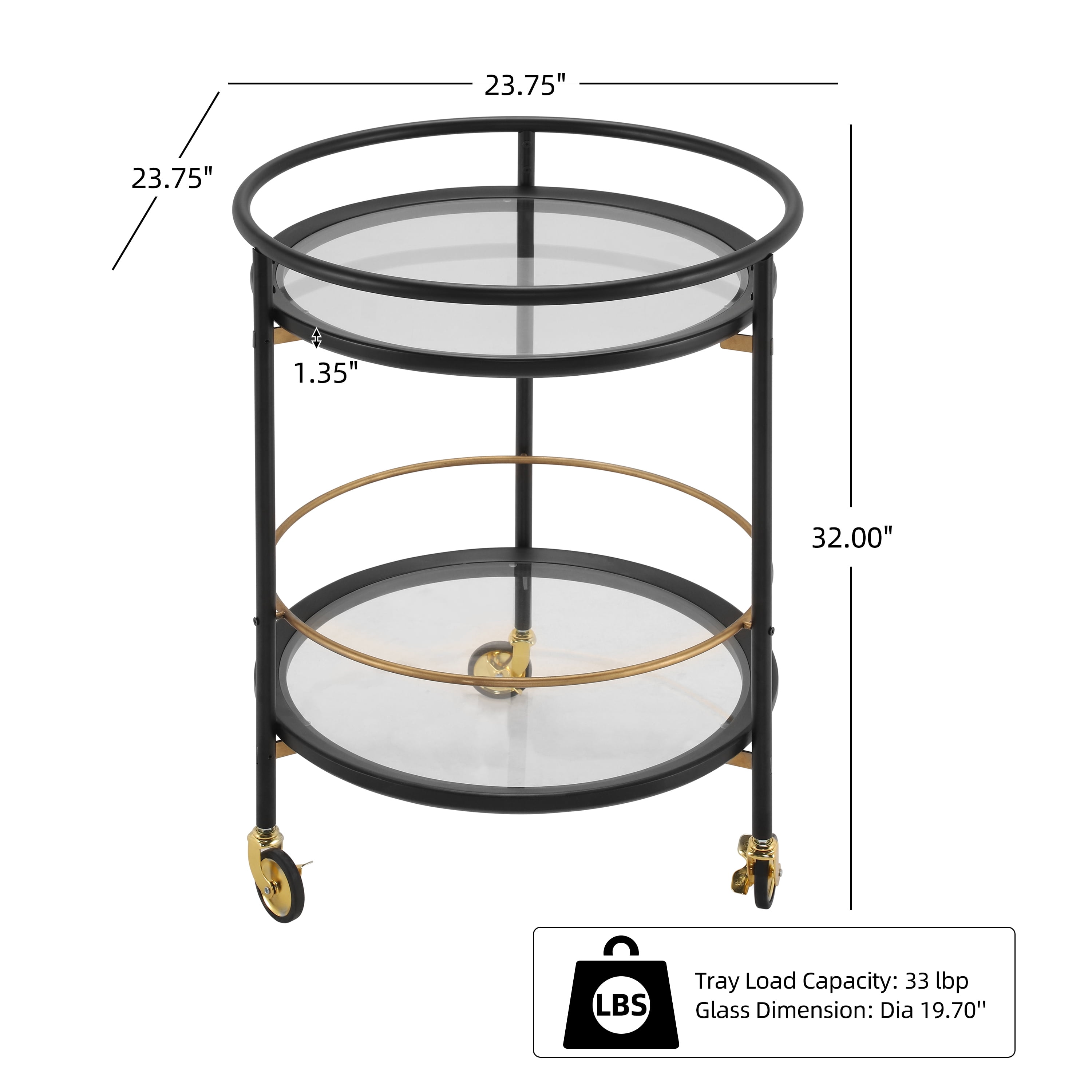 Round Bar Cart with Tempered Glass Shelves and Gold Accents