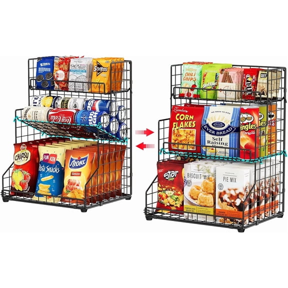 Huxidaja 3-Tier Snack Organizer, Adjustable Tilting Metal Wire Pantry Storage Rack, Black
