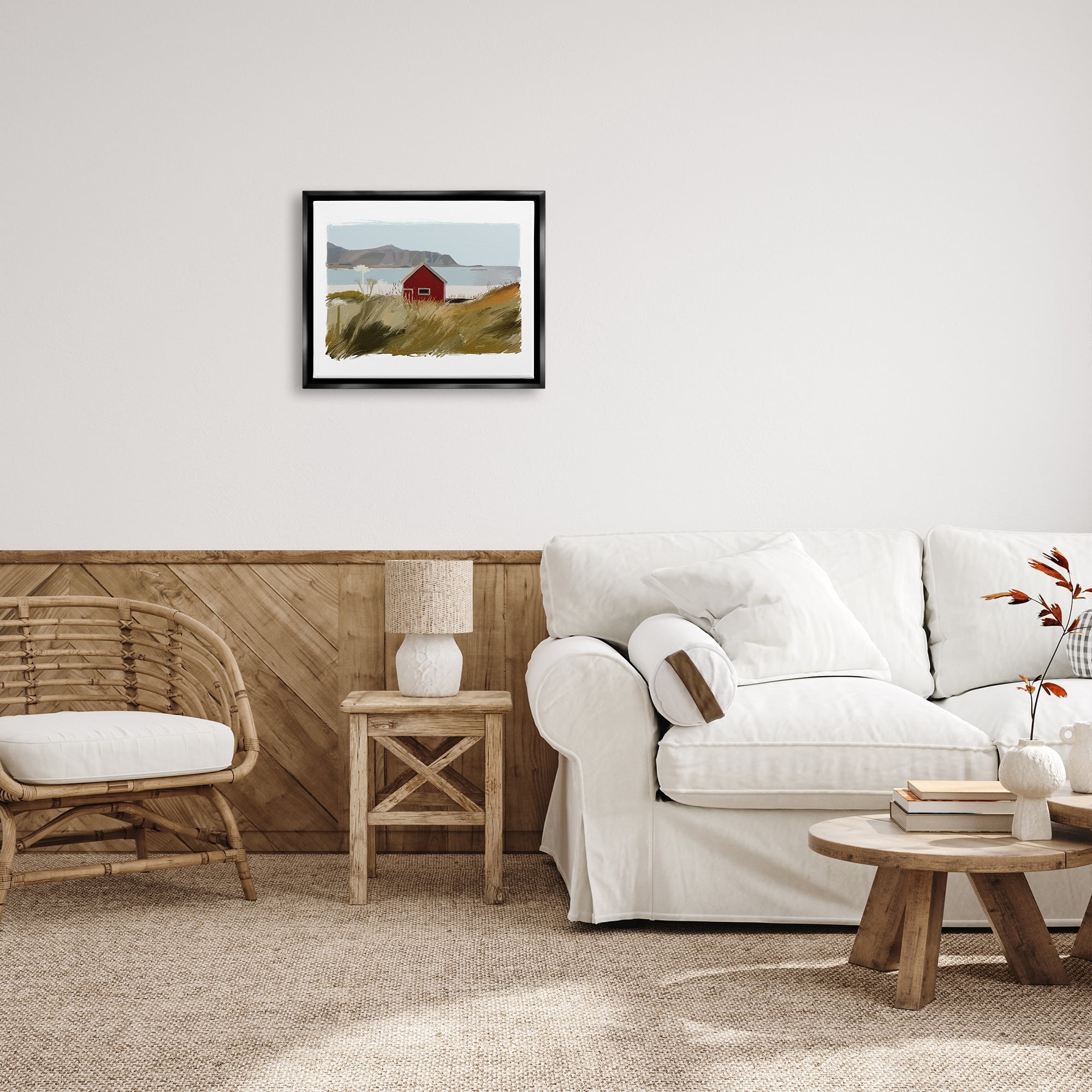 Stupell Industries Lakeside Rural Red House Distant Mountain View Painting Jet Black Floating Framed Canvas Print Wall Art, Design by J. Weiss