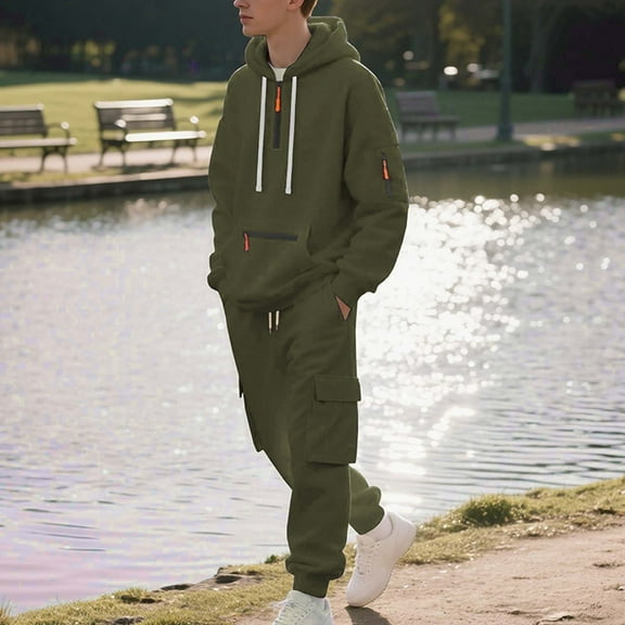 Yusimy Men's Solid Color 2-Piece Hoodie Cargo Set Half-Zip Long Sleeve Zipper Pocket Fashion Casual Pants