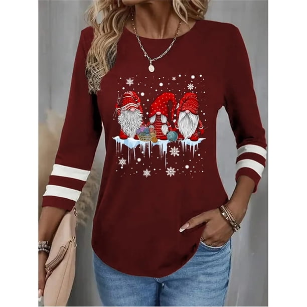 Camiseta para mujer, sudadera navideña de Papá Noel feo, cuadros de leopardo, estampado de copa de vino, manga larga, fiesta, Navidad, ajuste Regular, pintura