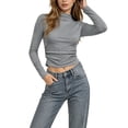 thumbnail image 2 of XRoczxe Women's Mock Neck Long Sleeve Crop Top, Slim Fit Ribbed Knit T-Shirt, Casual Solid Color Basic Tee for Fall Winter Daily Wear Layering, 2 of 7