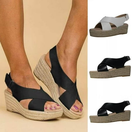 

Women Wedge Platform Sandals Espadrille Slingback Ankle Buckle Peep Toe Summer Shoes White