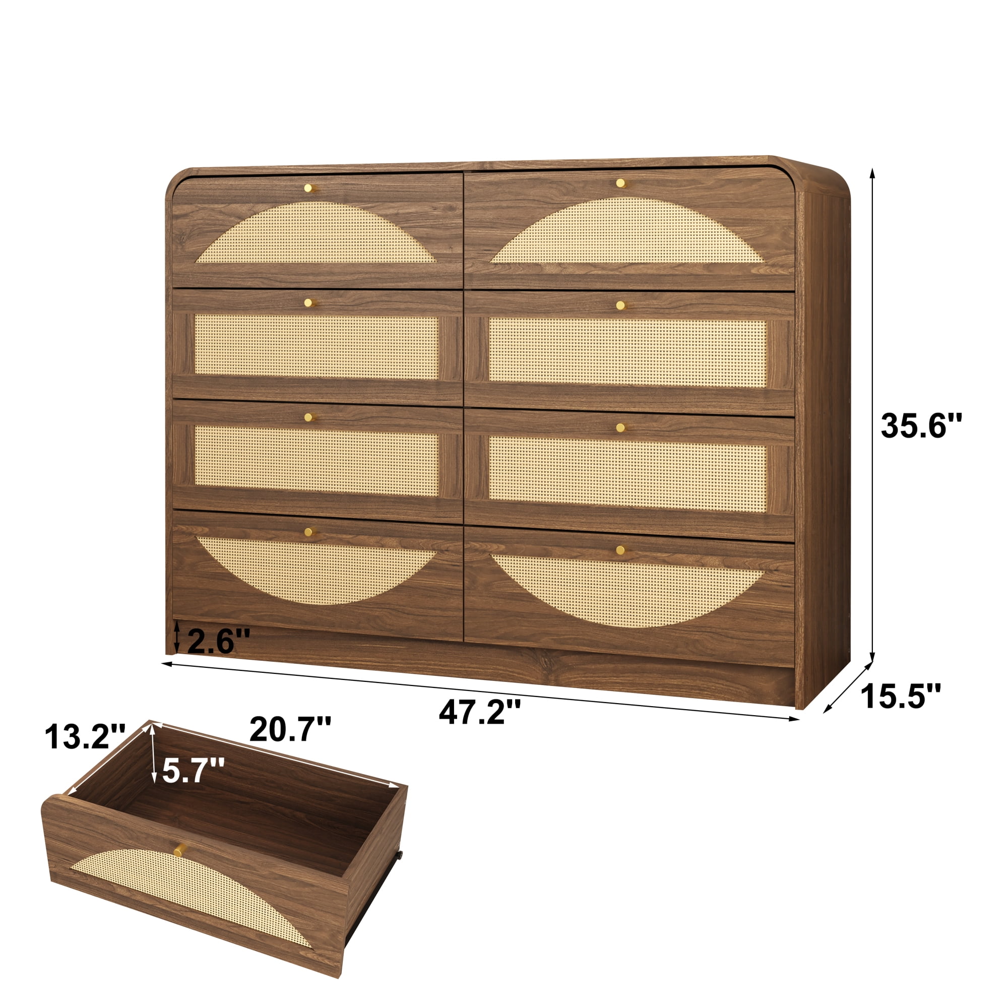 Leumius 8‑Drawer Dresser with Rattan Front, Wide Particle Board Chest of Drawers, Modern Wooden Storage Cabinet for Bedroom Living Room Walnut