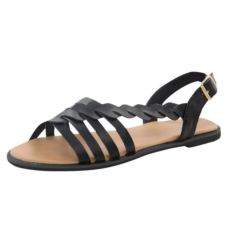 Women Shoes Sandals For Women Cross Strap Ankle Buckle Cushioned Sandals  Roman Causal Flat Shoes Black 8