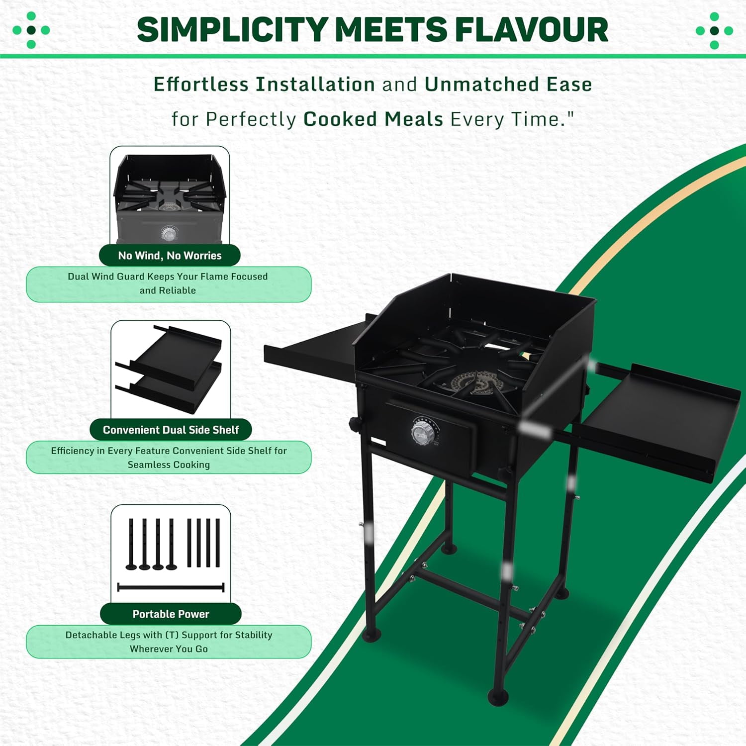 SONRET - Single Burner Propane Stove - 1,30,000 BTU - with Dual Side Shelf & Wind Panel