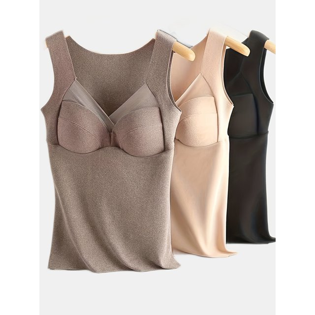Conjunto de 3 camisetas sin mangas de malla en contraste, top térmico ajustado con cuello en V, lencería y ropa interior para mujer